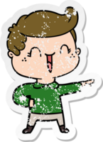 distressed sticker of a cartoon laughing boy pointing png