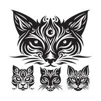 cat face silhouette, tribal tattoo set full view white background vector