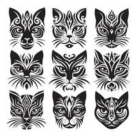 cat face silhouette, tribal tattoo set full view white background vector