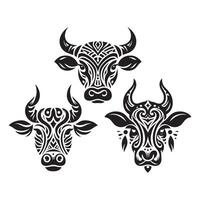 Cow face set silhouette, tribal tattoo white background vector