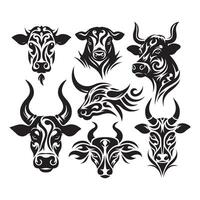 Cow face set silhouette, tribal tattoo white background vector