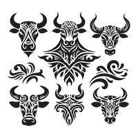 Cow face set silhouette, tribal tattoo white background vector