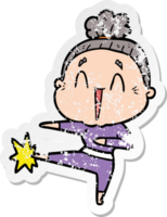 distressed sticker of a cartoon happy old lady png