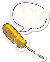dessin animé Hot-dog sur une bâton avec discours bulle affligé affligé vieux autocollant png