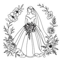 create a bride and groom in a circle wreath line art vector