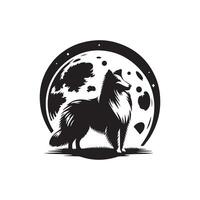 Shetland perro pastor - un sheltie debajo el luz de la luna ilustración en negro y blanco vector