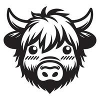 Highland cattle - A bashful Highland Cow face illustration in black and white vector