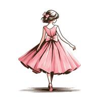 Girl Walking in a Pink Dress With a Bow in Her Hair vector