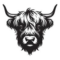 Highland cattle - A nostalgic Highland Cow face illustration in black and white vector