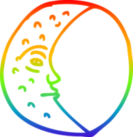 rainbow gradient line drawing of a cartoon crescent moon with face png