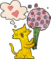 cartoon cat in love with flowers with thought bubble in grunge texture style png