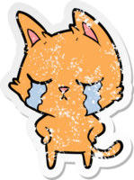 distressed sticker of a crying cartoon cat png