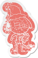 quirky cartoon distressed sticker of a bored dog in office clothes wearing santa hat png