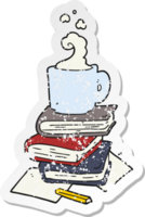 retro distressed sticker of a cartoon books and coffee cup png