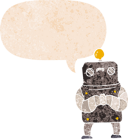cartoon robot with speech bubble in grunge distressed retro textured style png