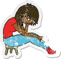 retro distressed sticker of a cartoon woman sitting on small stool png