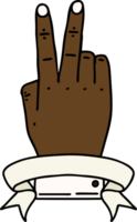 Retro Tattoo Style victory v hand gesture with banner png