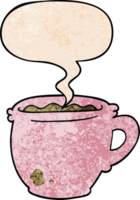 cartoon hot cup of coffee with speech bubble in retro texture style png