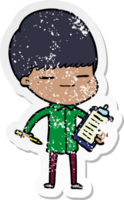 distressed sticker of a cartoon smug boy with clip board png