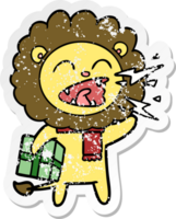 distressed sticker of a cartoon roaring lion with present png