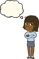 cartoon happy woman looking over with thought bubble png