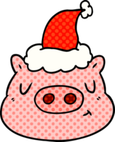 mão desenhado quadrinho livro estilo ilustração do uma porco face vestindo santa chapéu png