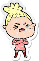 distressed sticker of a cartoon angry woman png