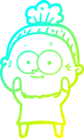 cold gradient line drawing of a cartoon happy old woman png