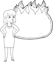 hand drawn black and white cartoon woman in dress with hands on hips and flame banner png