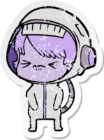 distressed sticker of a angry cartoon space girl png