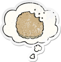 cartoon biscuit with thought bubble as a distressed worn sticker png