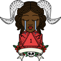 Retro Tattoo Style crying tiefling with natural one D20 dice roll png