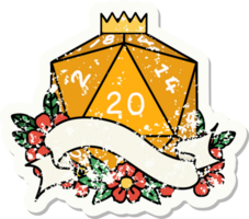 grunge sticker of a natural twenty D20 dice roll png