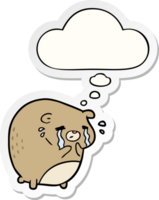 cartoon crying bear with thought bubble as a printed sticker png