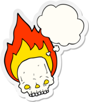 spooky cartoon flaming skull with thought bubble as a printed sticker png