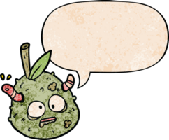 cartoon rotting old pear with worm with speech bubble in retro texture style png