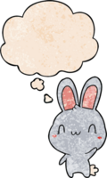 cartoon rabbit waving with thought bubble in grunge texture style png