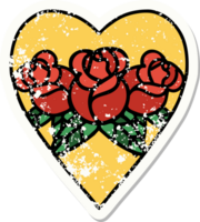 verontrust sticker tatoeëren in traditioneel stijl van een hart en bloemen png