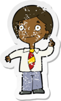 retro distressed sticker of a cartoon school boy answering question png