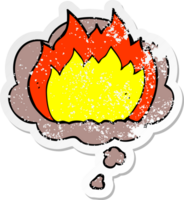 dibujos animados fuego con pensamiento burbuja como un afligido desgastado pegatina png