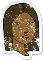 retro distressed sticker of a cartoon serious woman png