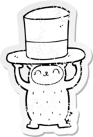 distressed sticker of a cartoon bear with giant hat png