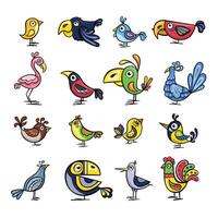 Large color set of illustrations of cute cartoon birds vector