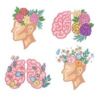 conjunto de mental salud, cerebro flores, dibujos animados ilustración vector