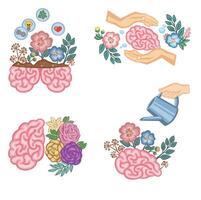 conjunto de símbolos mental salud floreciente cerebro ilustración vector