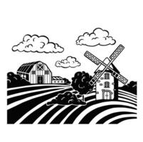 granja y campo negro . retro rural paisajes ilustración vector