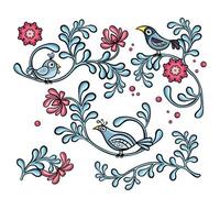 Set Blue and pink with birds and plants, hand drawn illustration vector