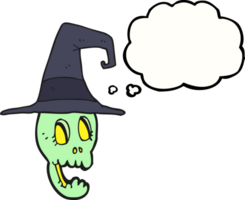 hand drawn thought bubble cartoon skull wearing witch hat png