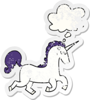 dibujos animados unicornio con pensamiento burbuja como un afligido desgastado pegatina png