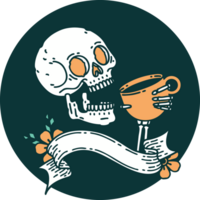 tattoo style icon with banner of a skull drinking coffee png